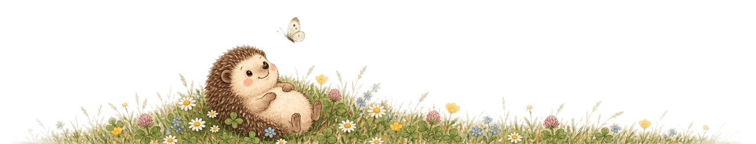 Penny the hedgehog lying in a meadow watching a butterfly